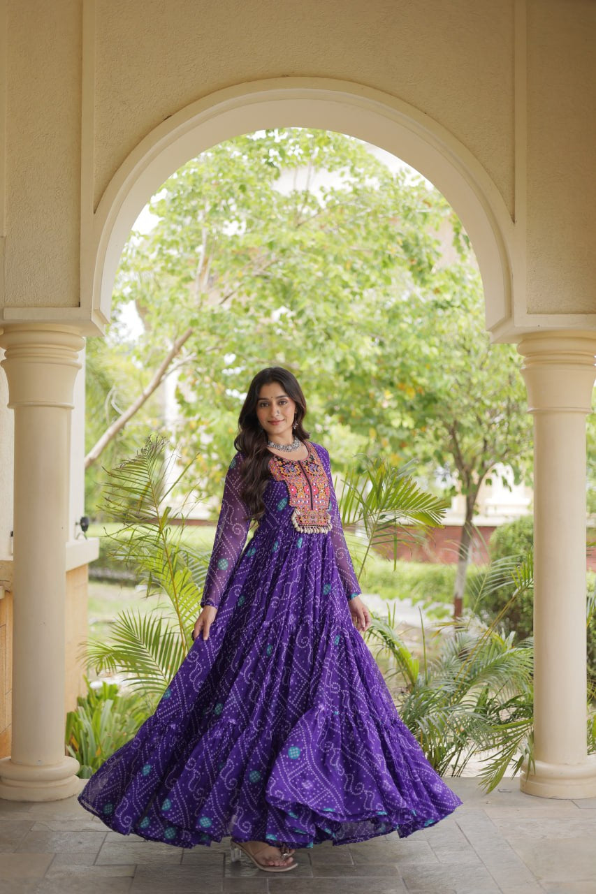 Premium Faux Georgette Navratri Gown with Bandhani Print & Kutchi Patchwork