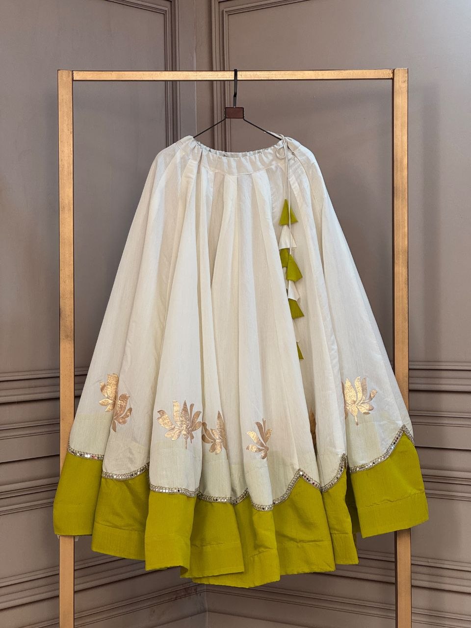 Premium Roman Fabric Navratri Lehenga with Lotus Gota & Mirror Lace Work | ByRavina-7172