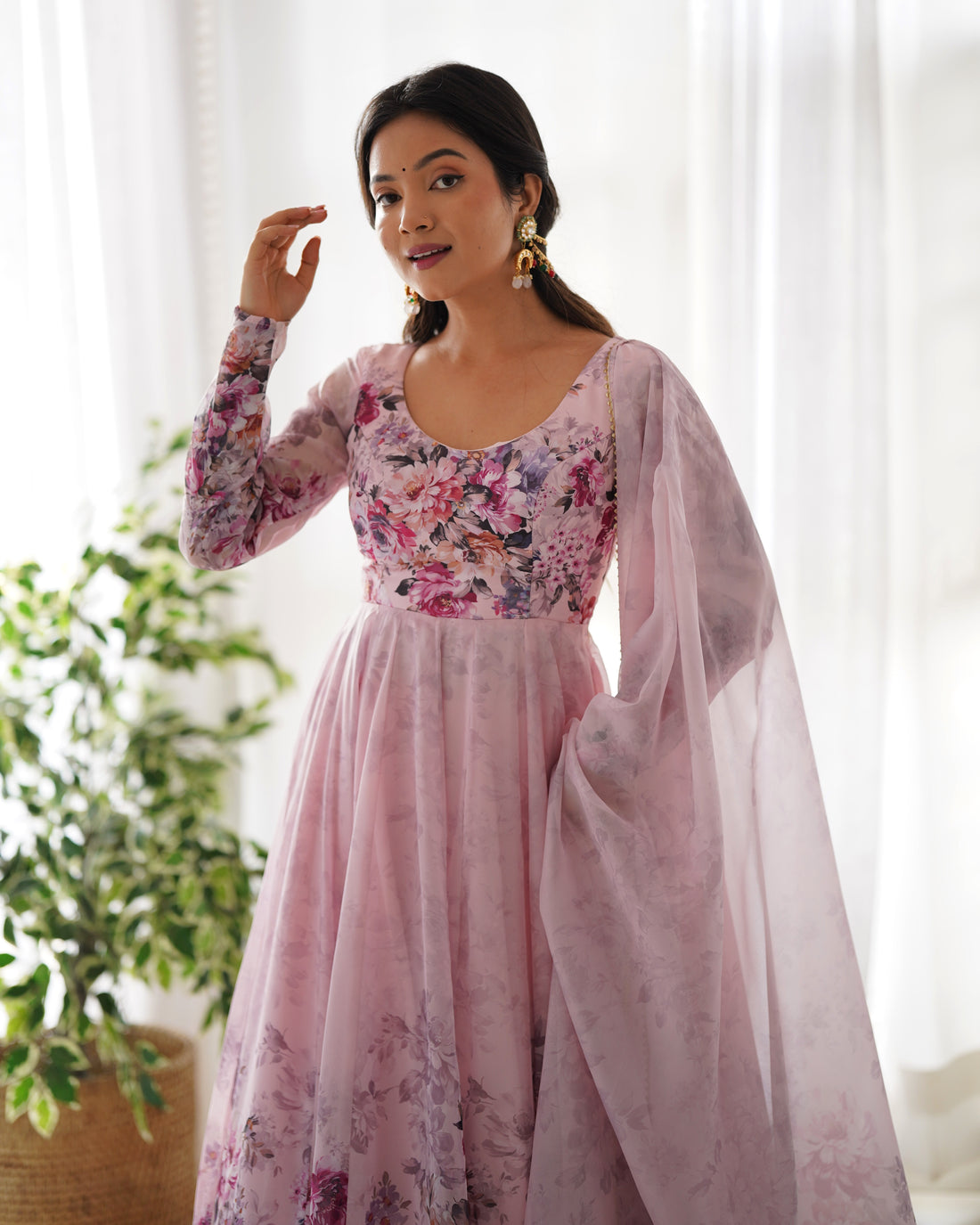 Premium Organza Silk Printed Anarkali Gown with Kali Flare, Canvas Patta & Gota Patti Dupatta