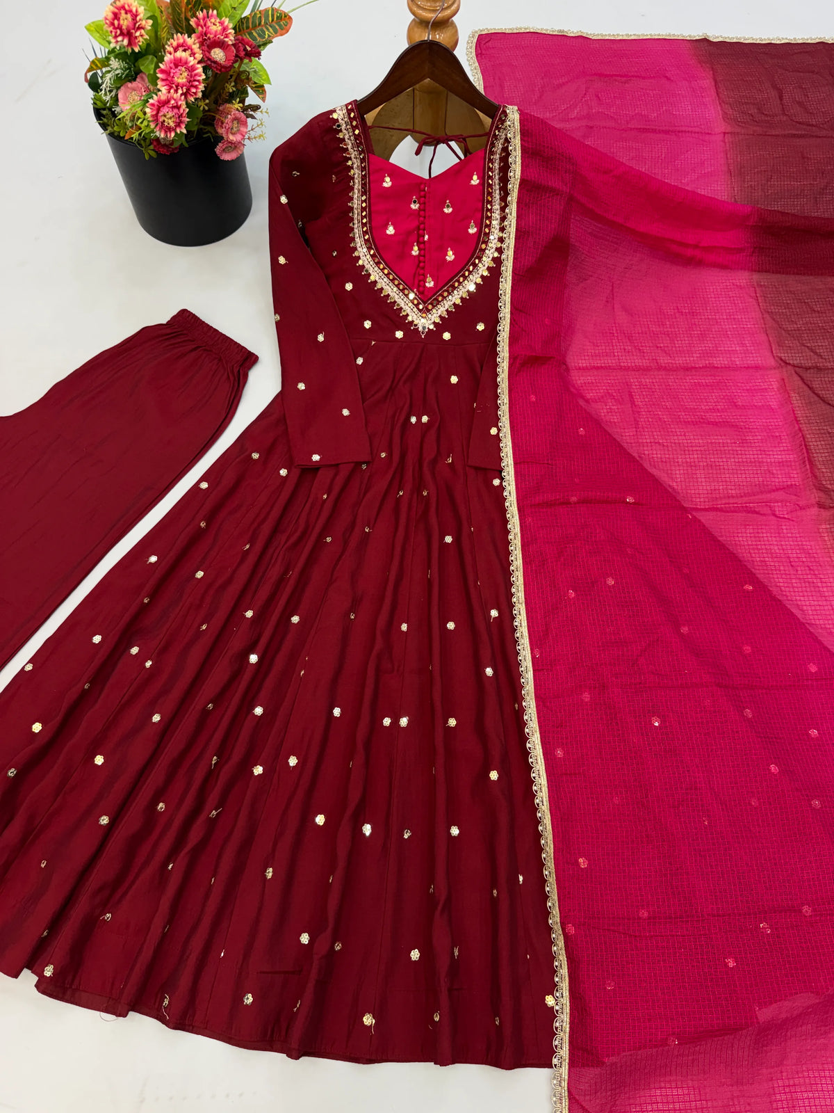 Premium Roman Silk Anarkali Gown with Embroidery, Sequin & Real Mirror Work