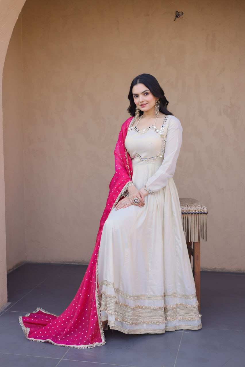 Premium Cosmos Real Mirror Work Gown with Dupatta