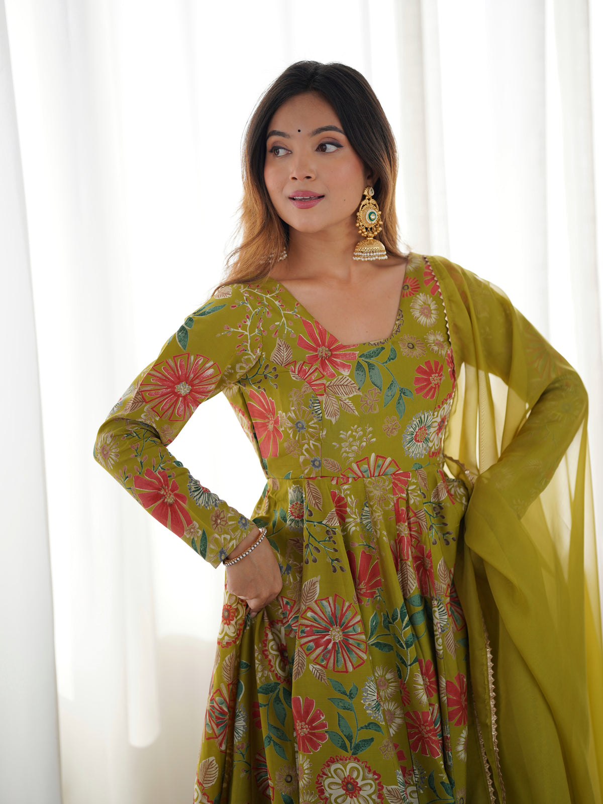 Premium Roman Silk Chanderi Discharge Print Kediya Kurta Set with Organza Dupatta & Palazzo
