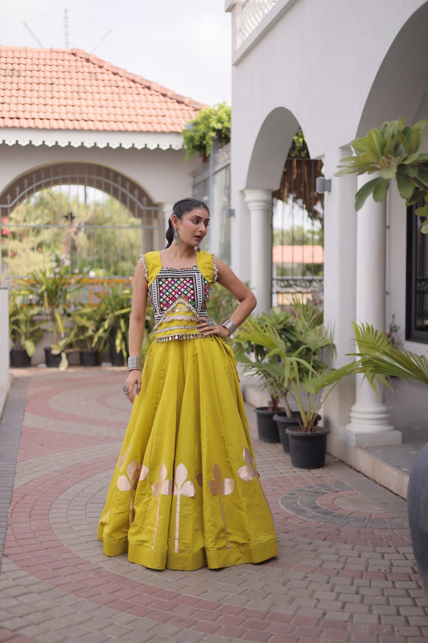 Premium Roman Silk Navratri Lehenga Choli with Pan-Patti Gota & Mirror Lace Work