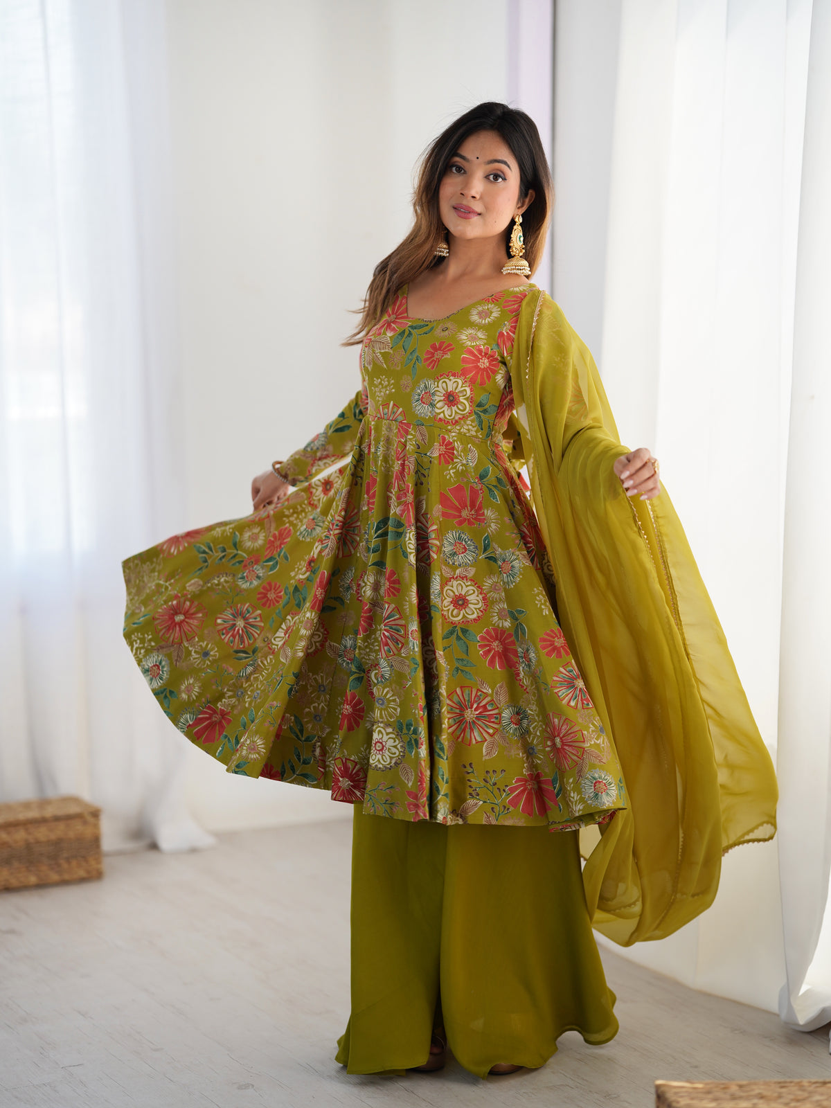 Premium Roman Silk Chanderi Discharge Print Kediya Kurta Set with Organza Dupatta & Palazzo