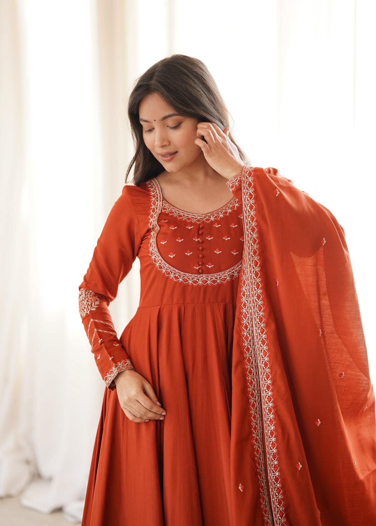 Premium Roman Chanderi Silk Anarkali Gown with Thread & Jari Work