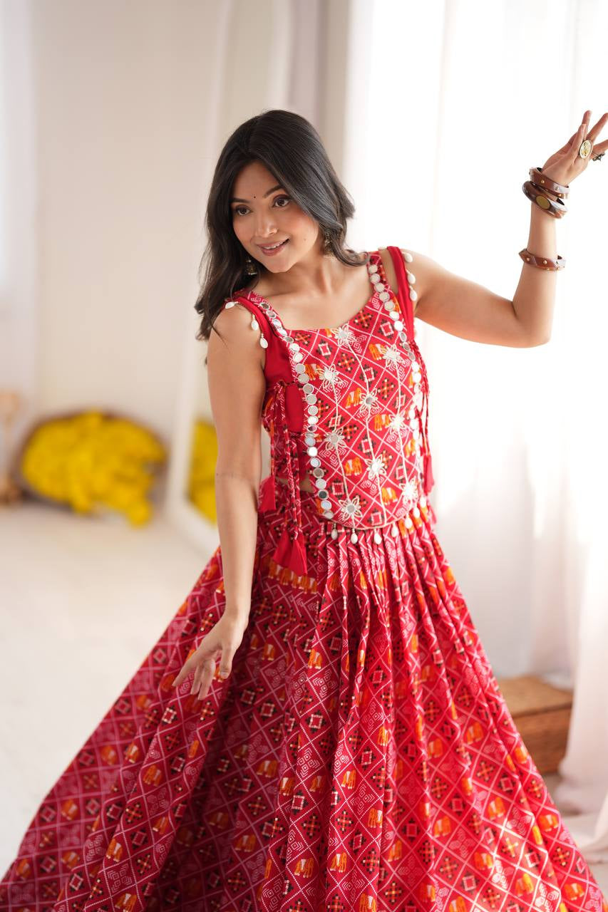 Premium Heavy Rayon Digital Print Lehenga Choli with Embroidered Mirror Work Koti