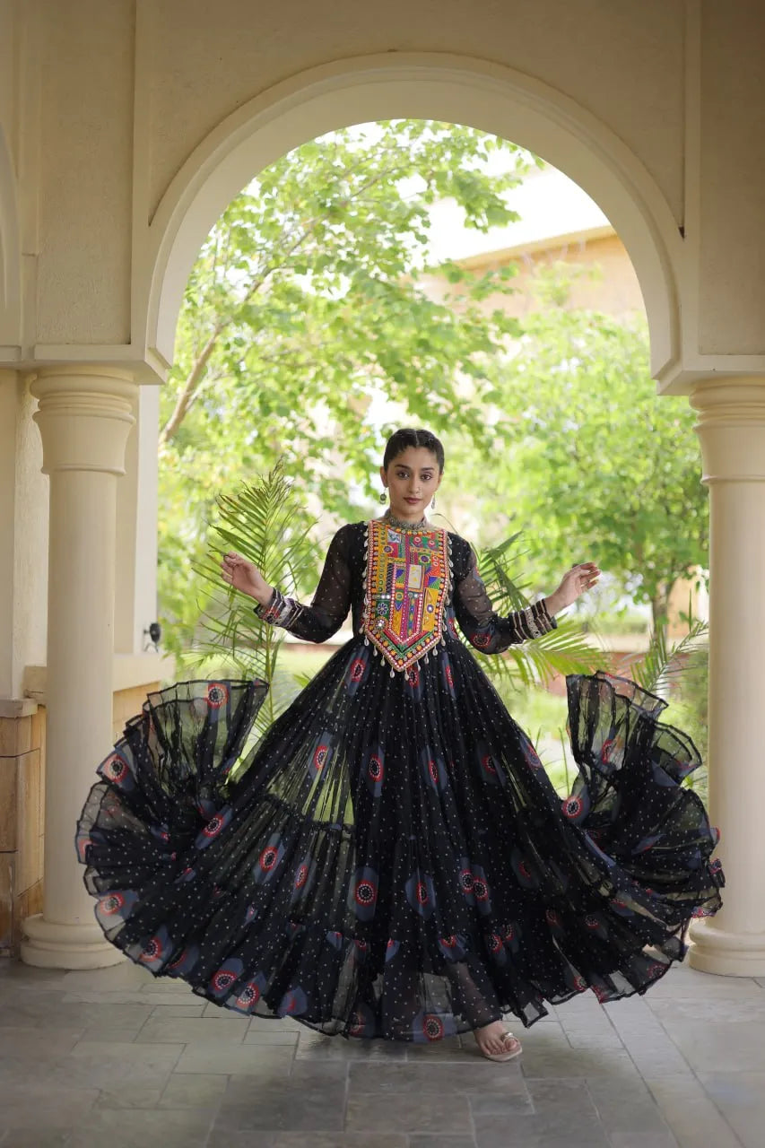 Premium Faux Georgette Navratri Gown with Bandhani Print & Kutchi Patchwork