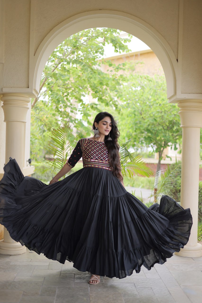 Premium Kora Cotton Embroidered Navratri Gown with Gota Patti & Mirror Work | ByRavina