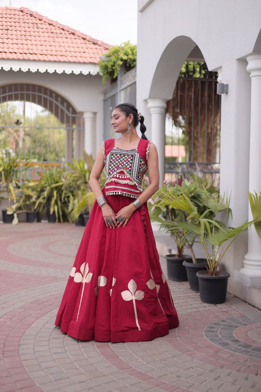 Premium Roman Silk Navratri Lehenga Choli with Pan-Patti Gota & Mirror Lace Work