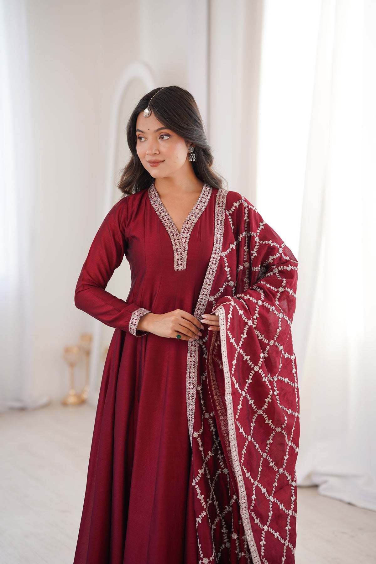 Premium Blooming Vichitra Silk Anarkali Gown with Embroidery, Sequin, Dori & Jari Work