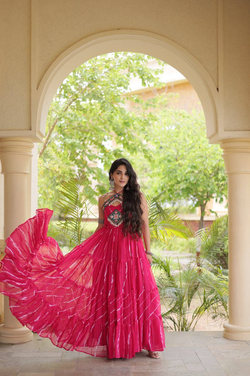 Premium Faux Georgette Navratri Gown with Laheriya Print & Kutchi Patchwork