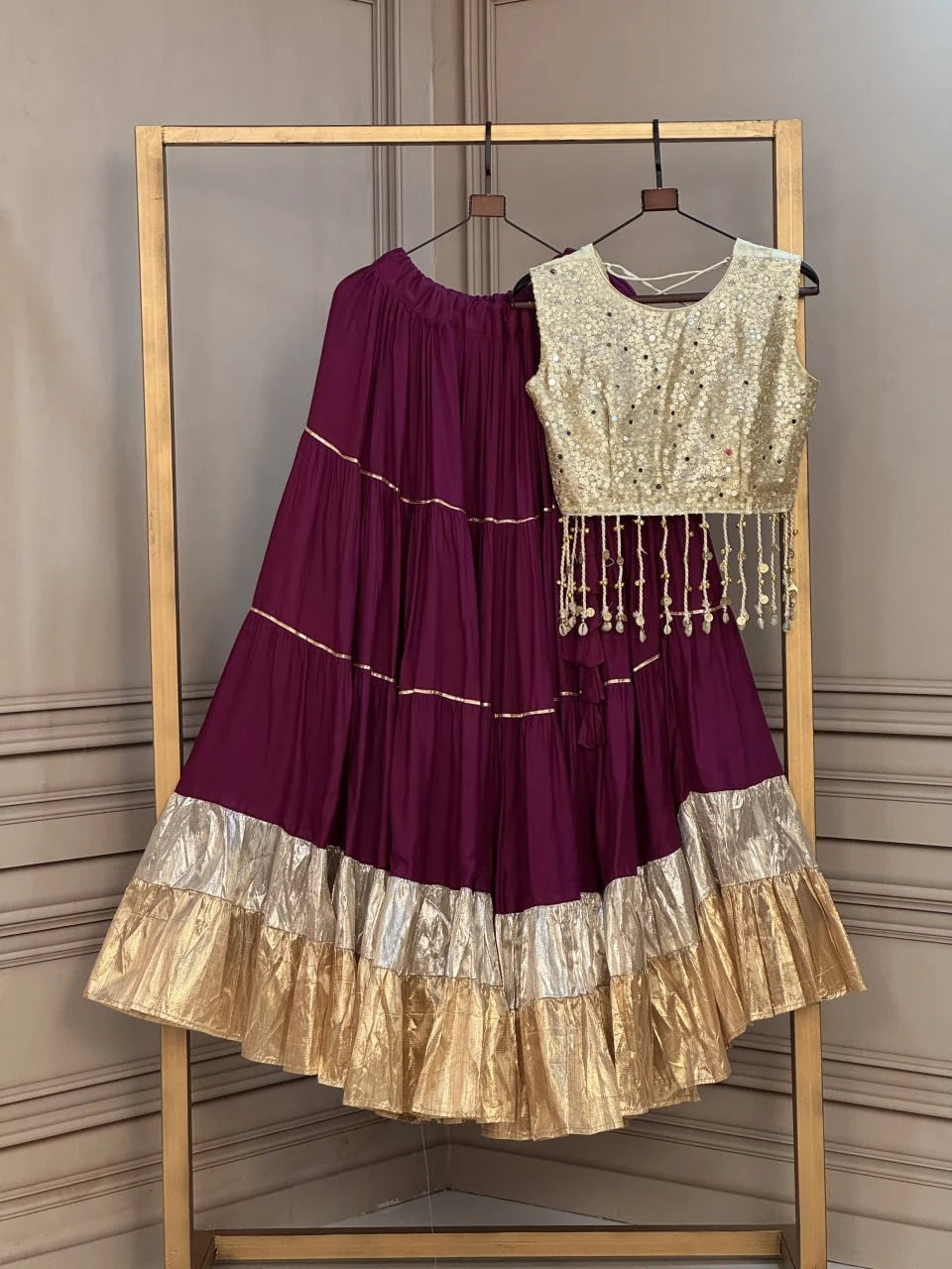 Premium Rayon Navratri Lehenga with Lampi Lace & Gold Organza Mirror Work Blouse