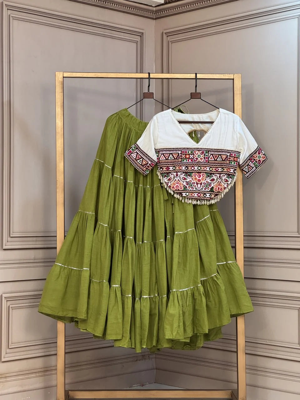 Premium Kora Cotton Navratri Lehenga Choli with Standard Frill & Kutchi Patchwork Blouse