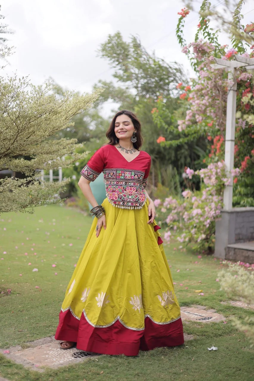 Premium Roman Fabric Navratri Lehenga Choli with Gota & Mirror Work