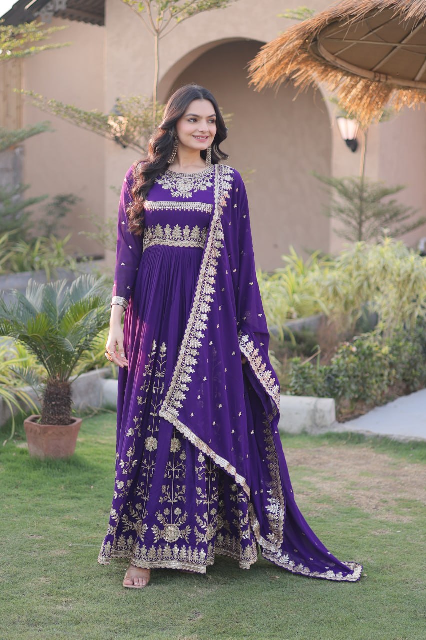 Premium Faux Blooming Georgette Embroidered Gown with Dupatta