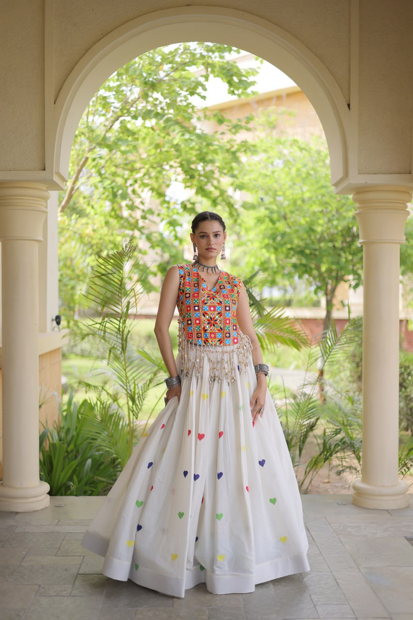 Premium Cora Cotton Navratri Lehenga Choli with Heart Thread Embroidery & Gamthi Mirror Work