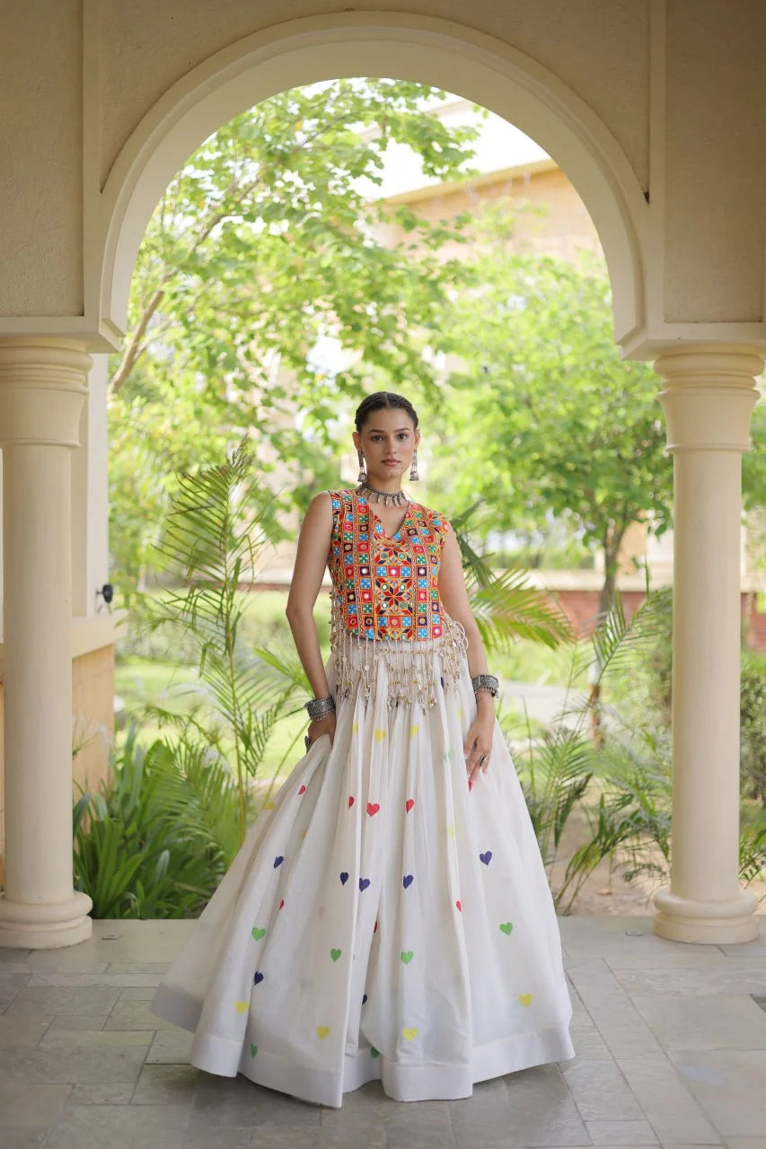 Premium Cora Cotton Navratri Lehenga Choli with Heart Thread Embroidery & Gamthi Mirror Work
