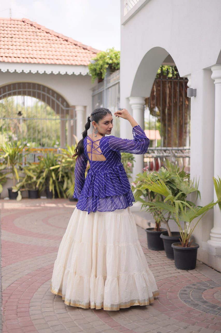 Premium Kora Cotton Navratri Lehenga Choli with Frill Stitching, Lampi Lace & Kutchi Gamthi Patchwork