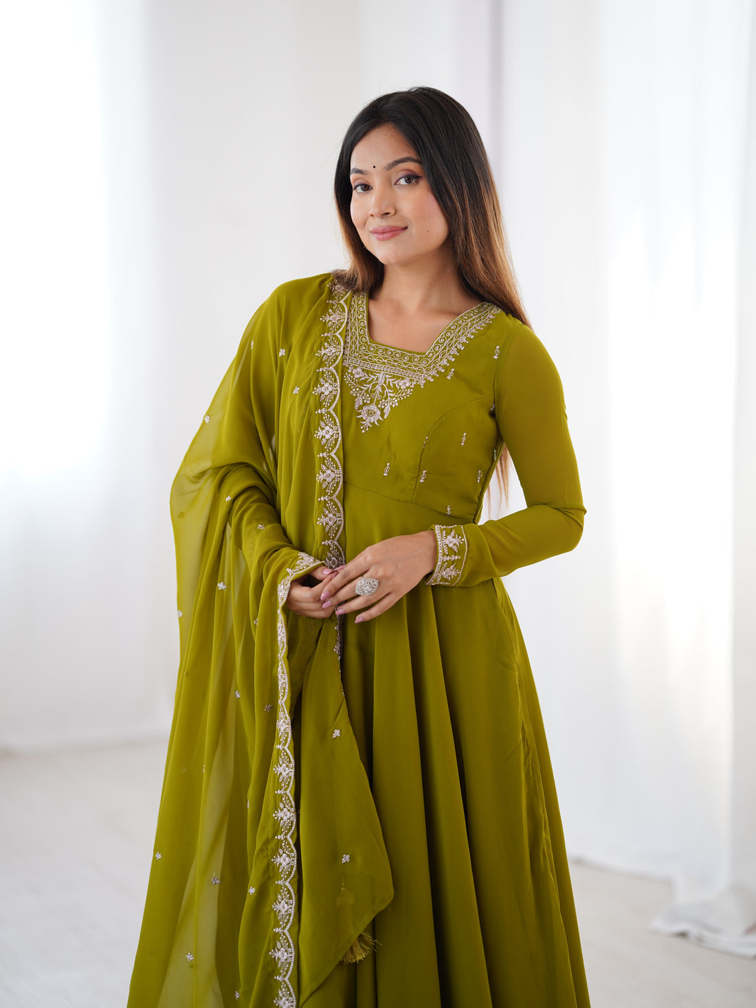 Premium Fox Georgette Anarkali Suit with Beads, Jari Work, 6.5 Meter Flair & Embellished Dupatta