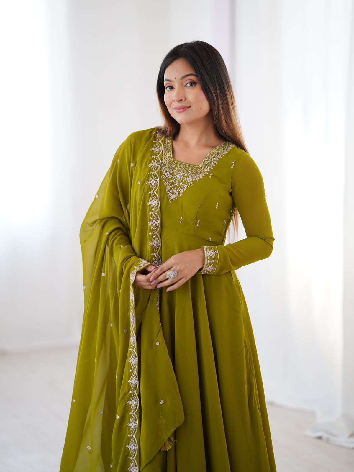 Premium Fox Georgette Anarkali Suit with Beads, Jari Work, 6.5 Meter Flair & Embellished Dupatta