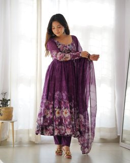 Premium Organza Silk Printed Anarkali Gown with Kali Flare, Canvas Patta & Gota Patti Dupatta