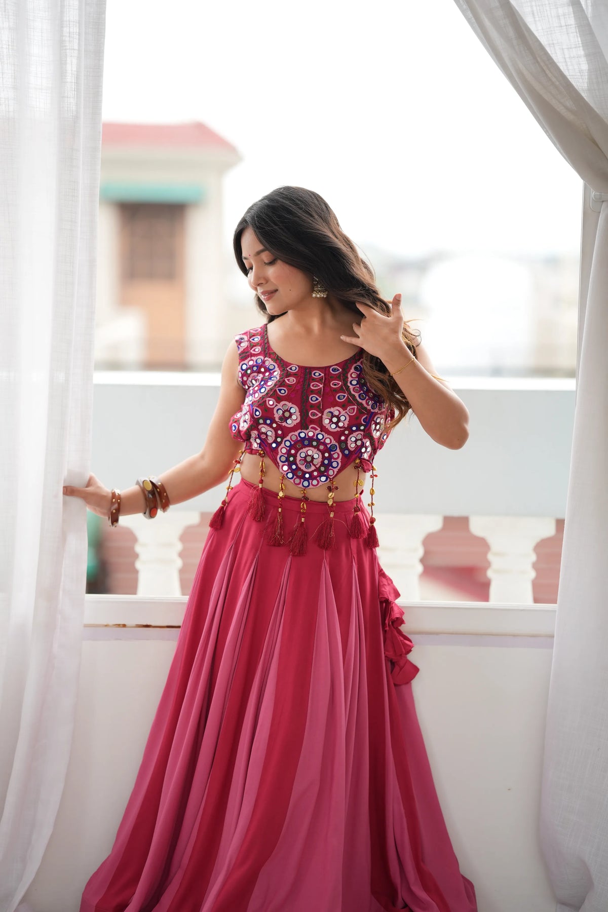 Premium Heavy Rayon Lehenga Choli with Fancy Lagdi Patta Lace & Real Mirror Work