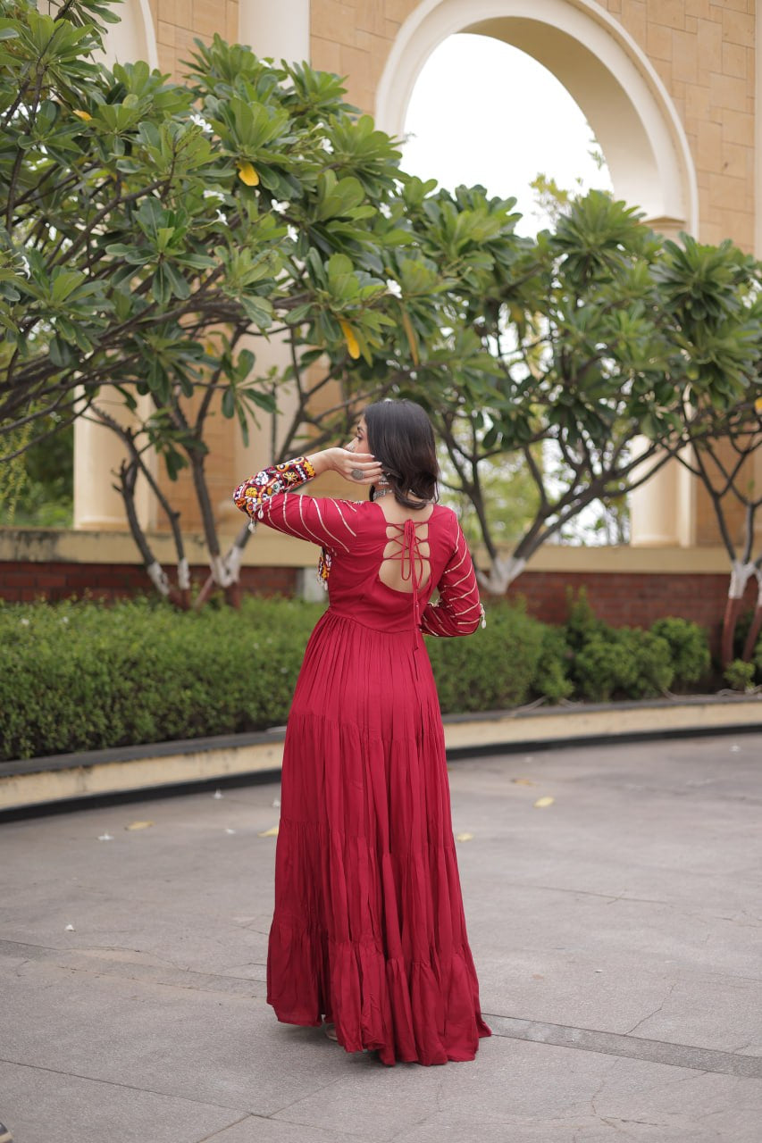 Premium Rayon Navratri Gown with Mukaish, Gamthi Embroidery, Mirror & Gota Patti Work