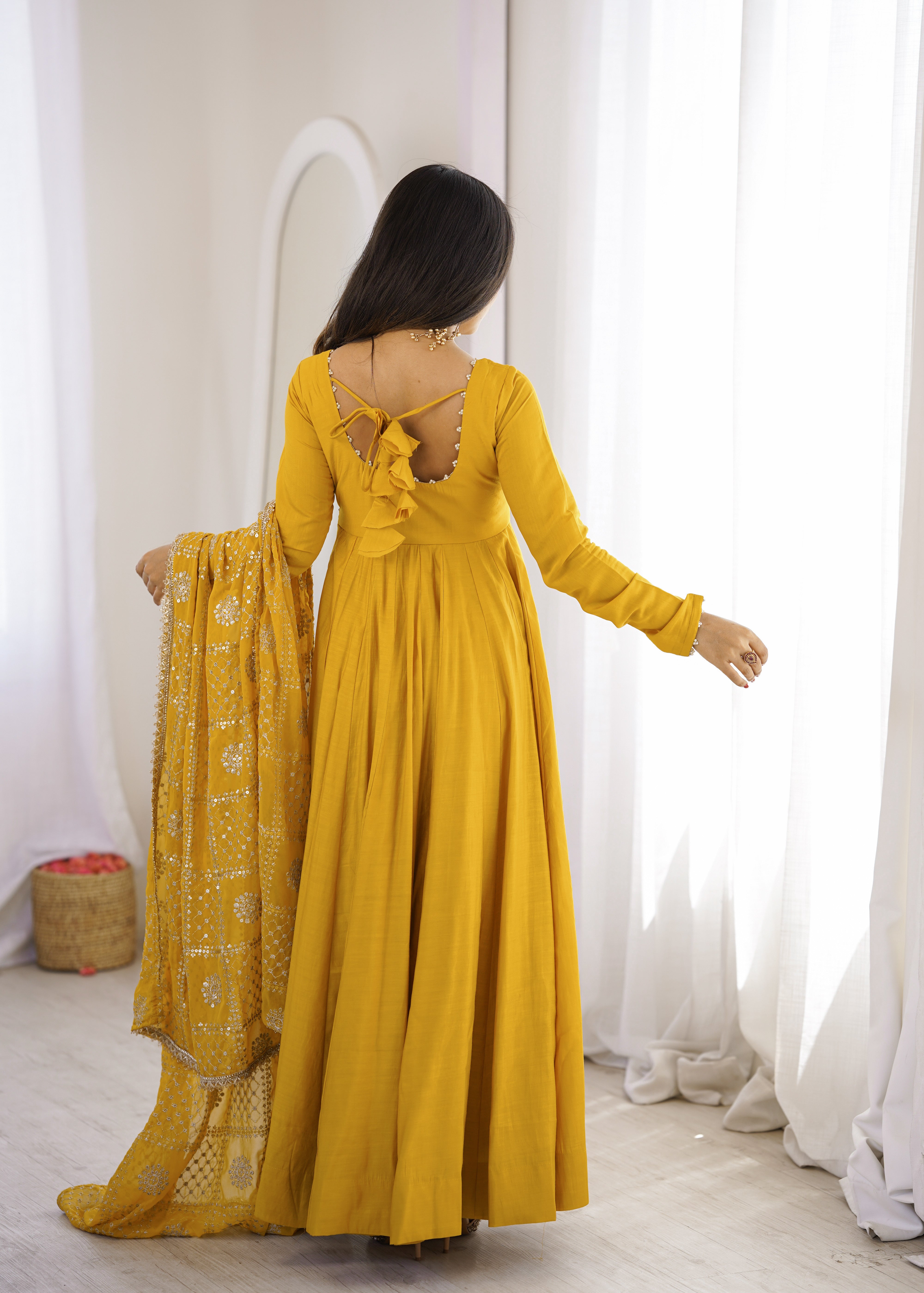 Premium Pure Romansilk Chanderi Fully Flared Anarkali Gown Set
