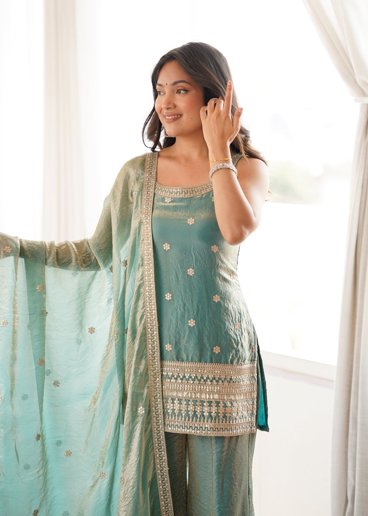 Premium Frendy Silk Embroidered Top & Bell Bottom Set with Dupatta