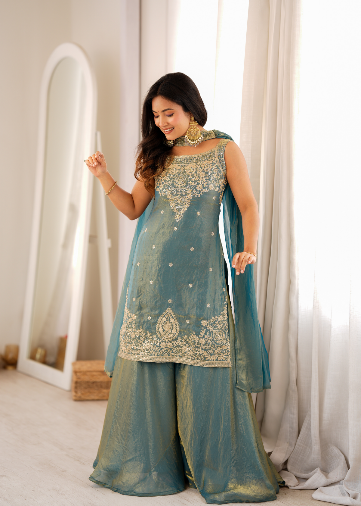 Premium Fendy Silk Embroidered Sharara Set with Dupatta