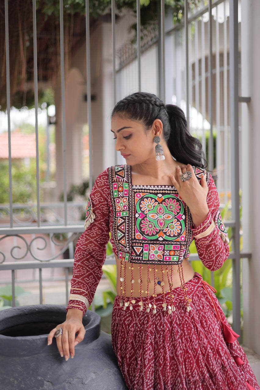 Premium Faux Georgette Bandhani Print Navratri Lehenga Choli with Kutchi Patchwork