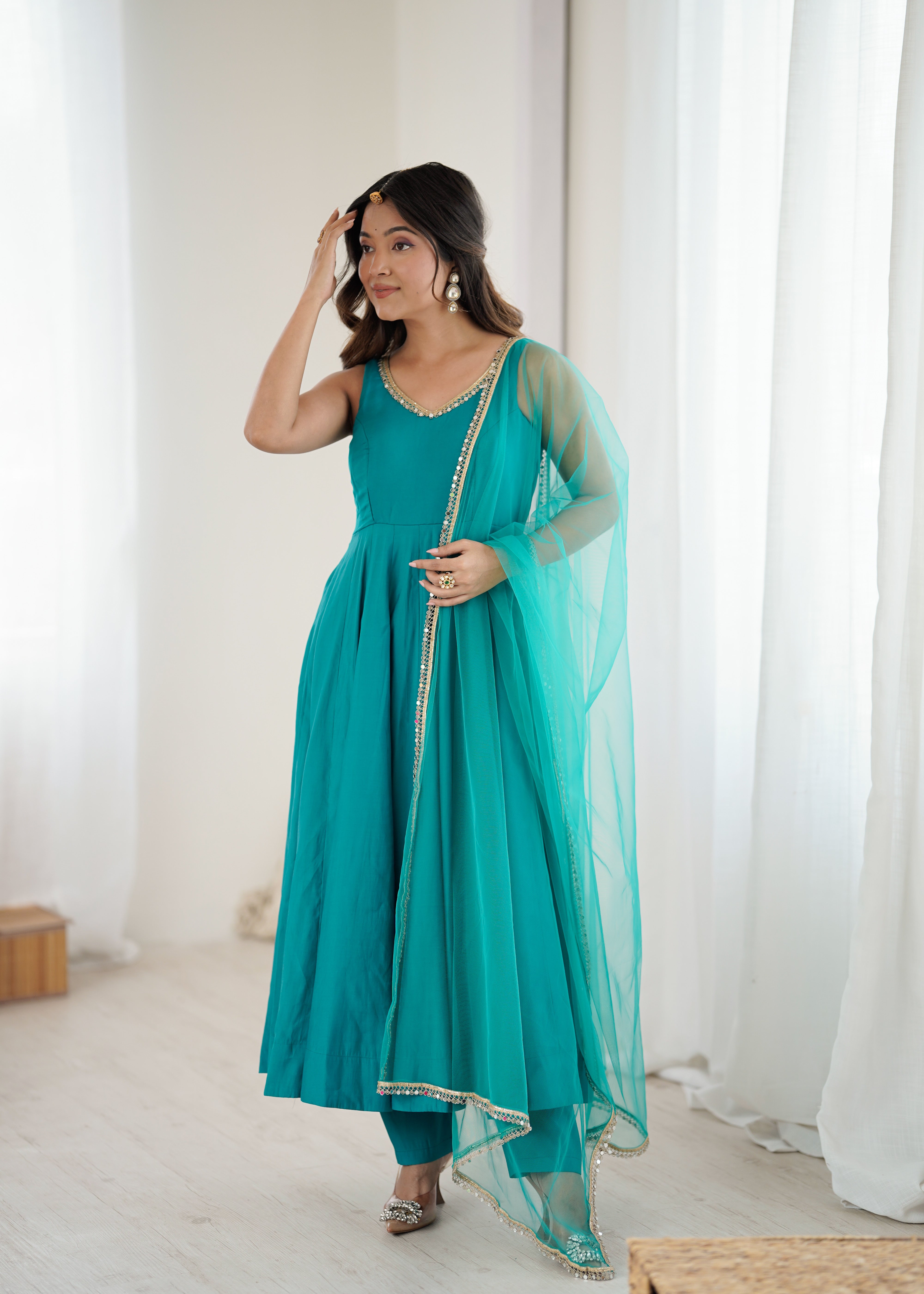Premium Pure Romansilk Chanderi 4 Meter Flared Anarkali Gown Set