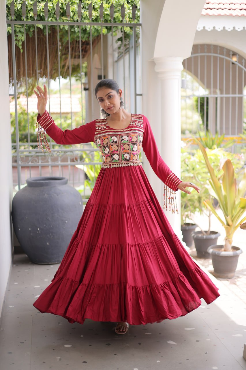 Reyon Navratri Gown with Kutchi Gamthi Embroidery & Mirror Work