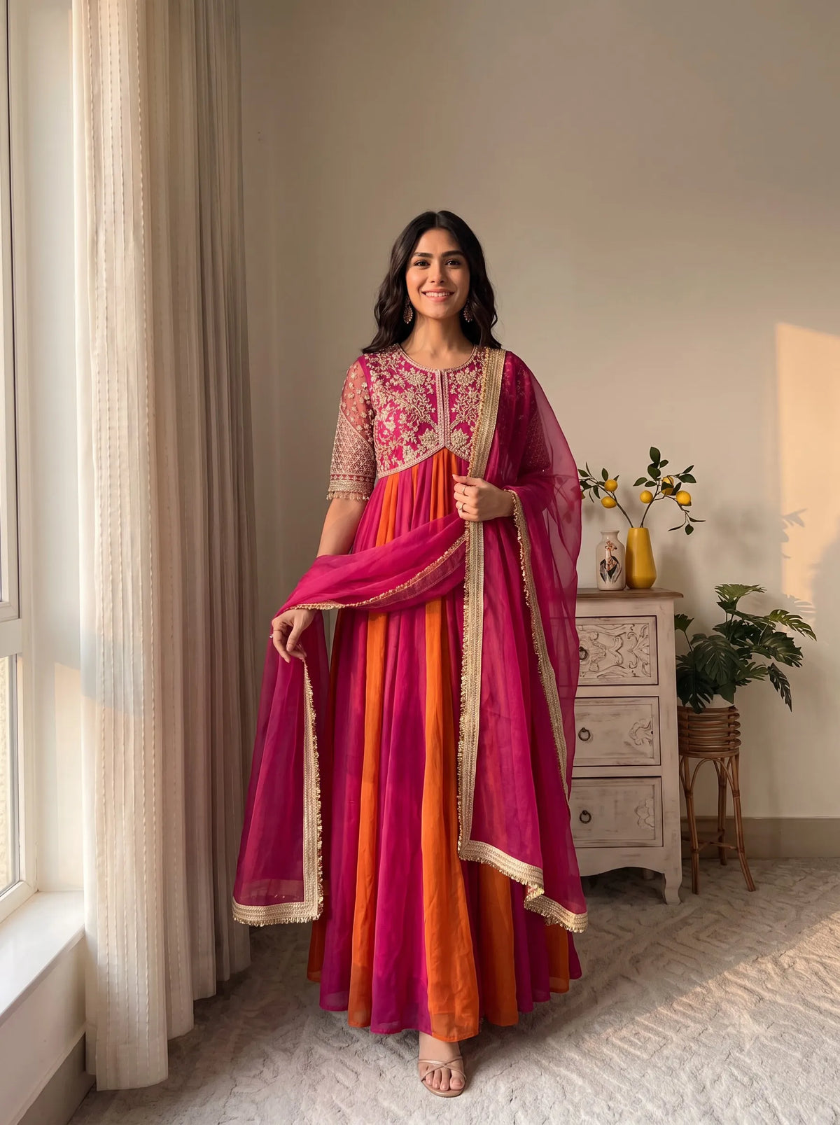 Premium NC Moss Silk Gown with Embroidery, Beads & Tassel Sleeves