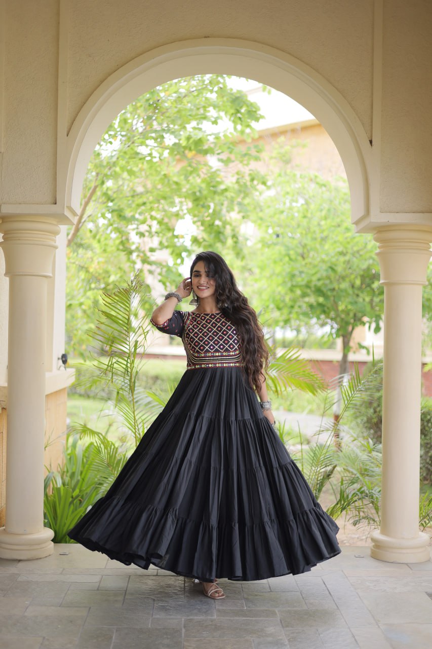 Premium Kora Cotton Embroidered Navratri Gown with Gota Patti & Mirror Work | ByRavina