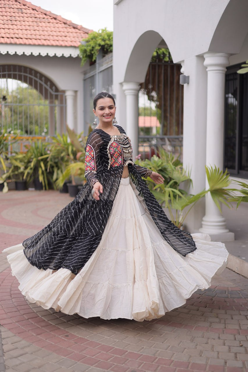 Premium Kora Cotton Navratri Lehenga with Laheriya Print & Kutchi Patchwork Kurti