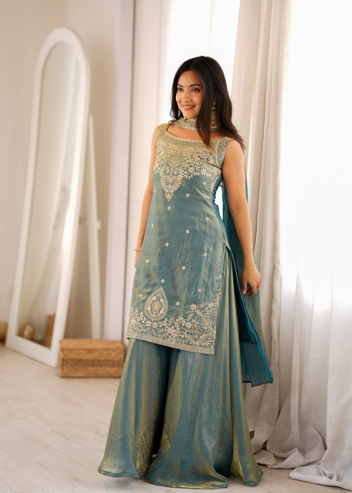 Premium Fendy Silk Embroidered Sharara Set with Dupatta
