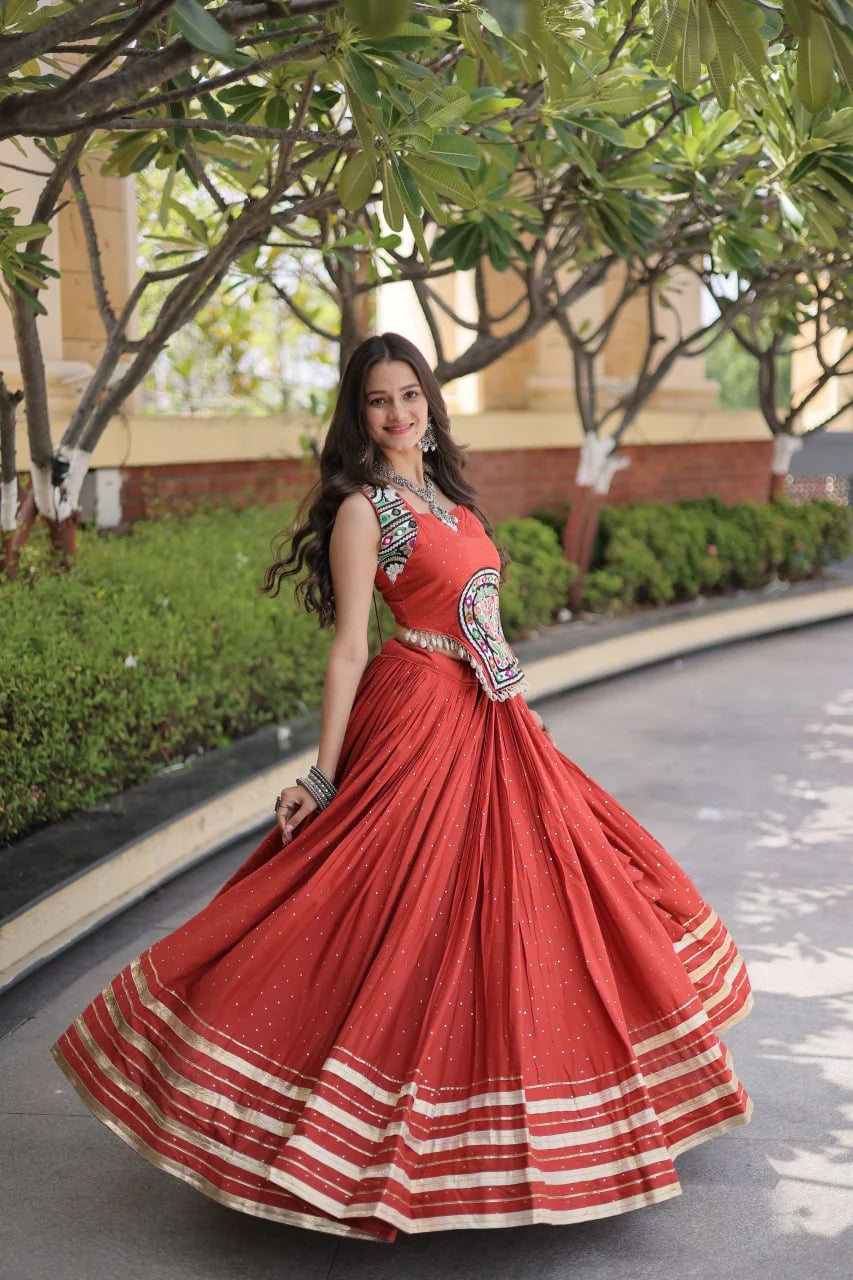 Reyon Navratri Lehenga Choli with Mukesh & Gamthi Mirror Work