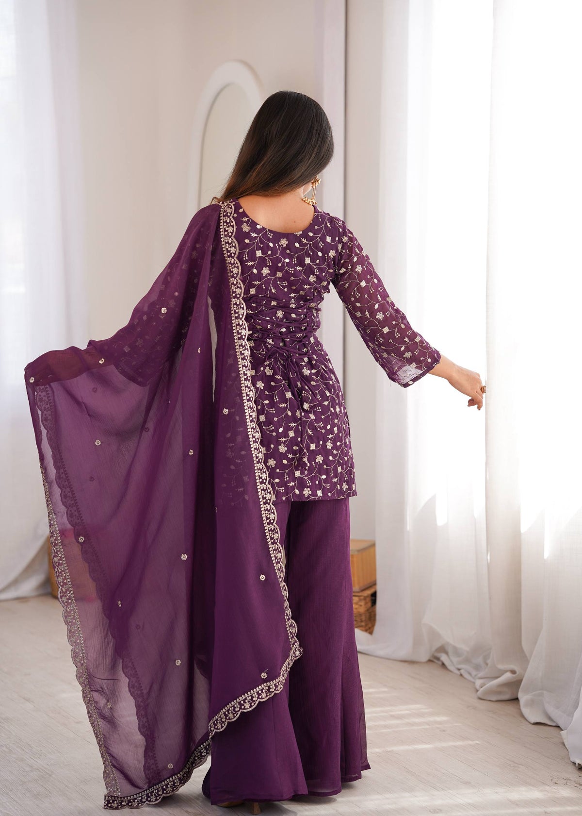 Premium Crunchy Silk Top Pant Set with Embroidery, Sequin & Jari Work