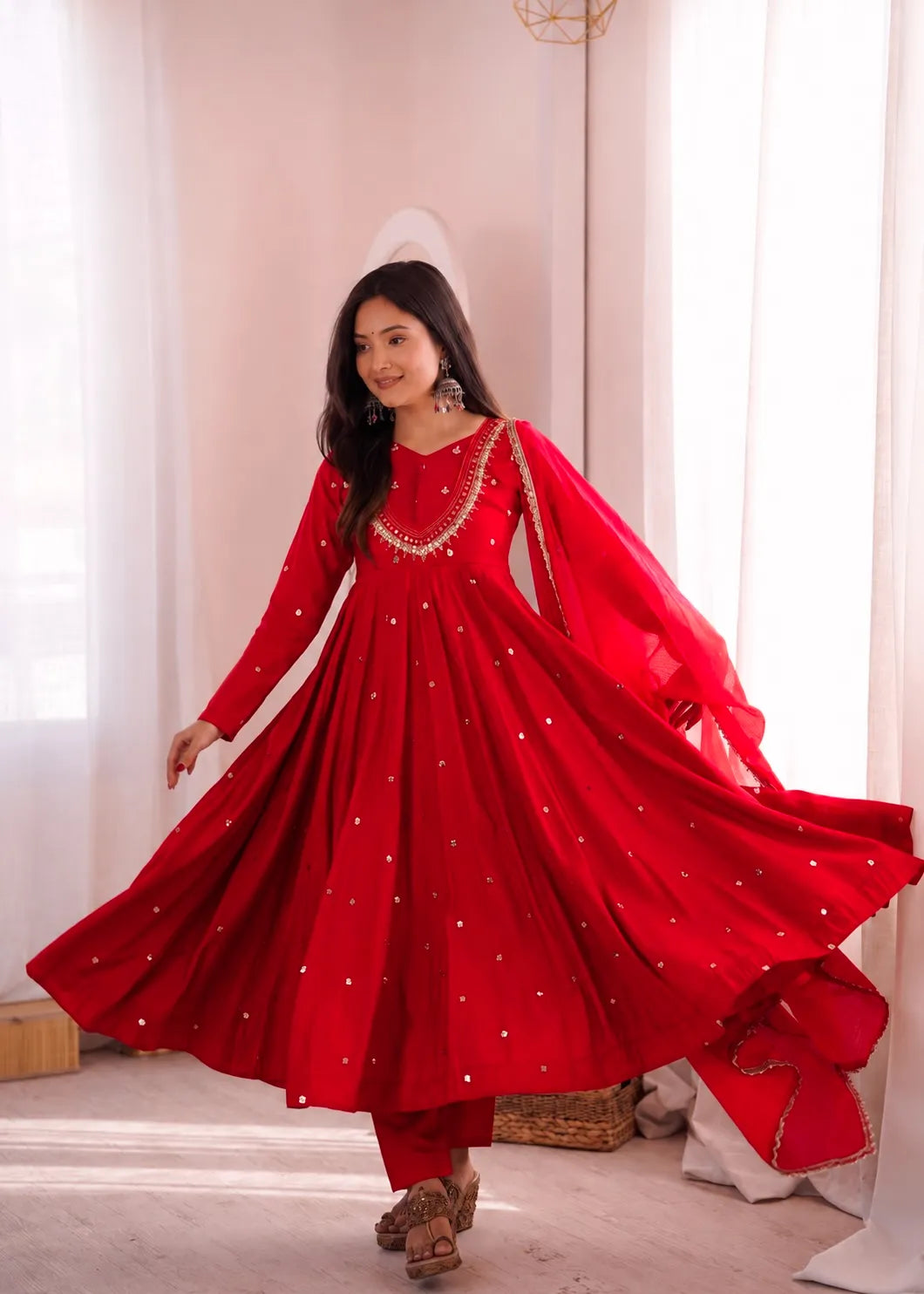 Premium Roman Silk Anarkali Gown with Embroidery, Sequin & Real Mirror Work