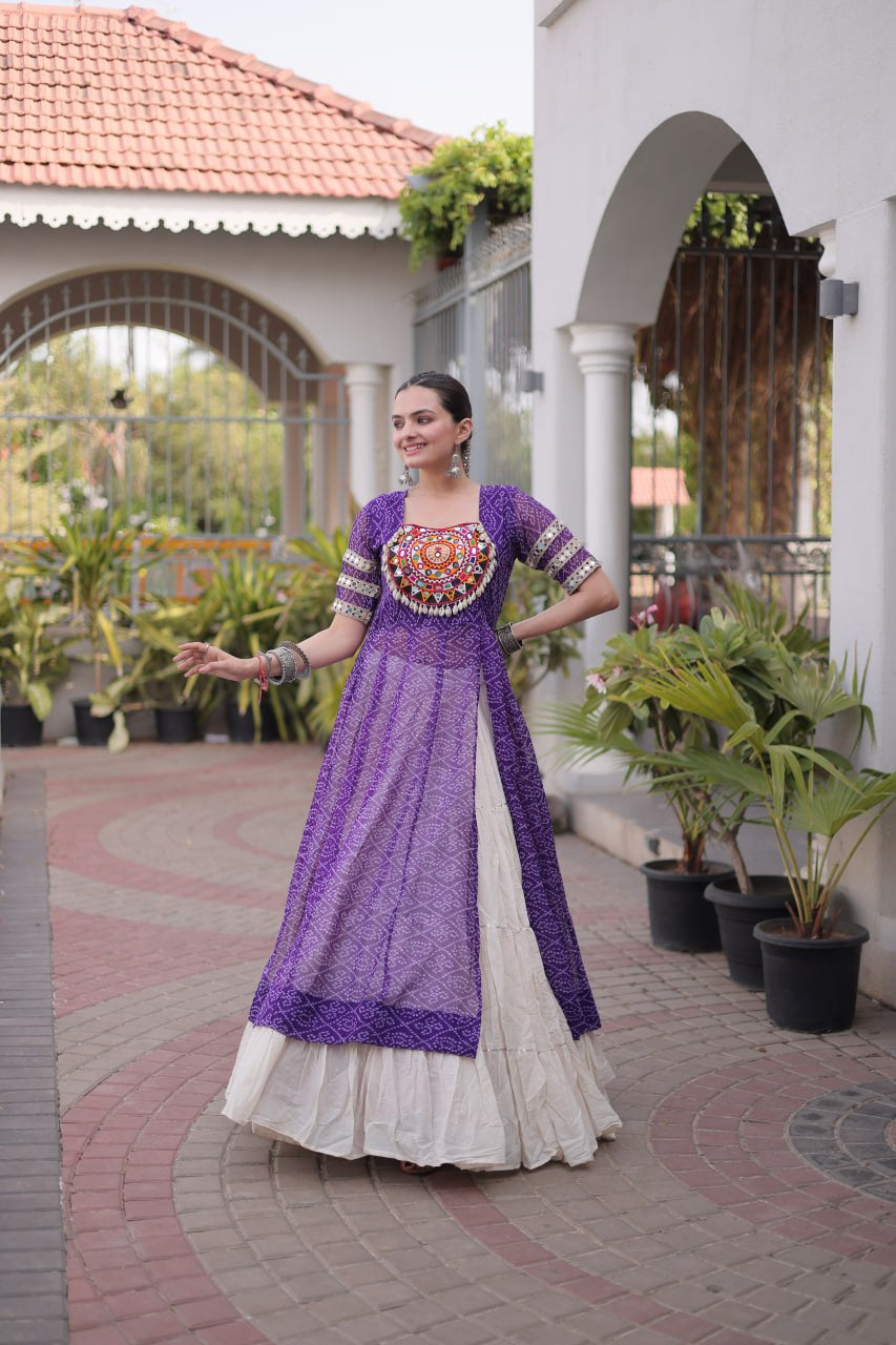 Premium Kora Cotton Navratri Lehenga with Bandhani Print & Kutchi Patchwork Kurti