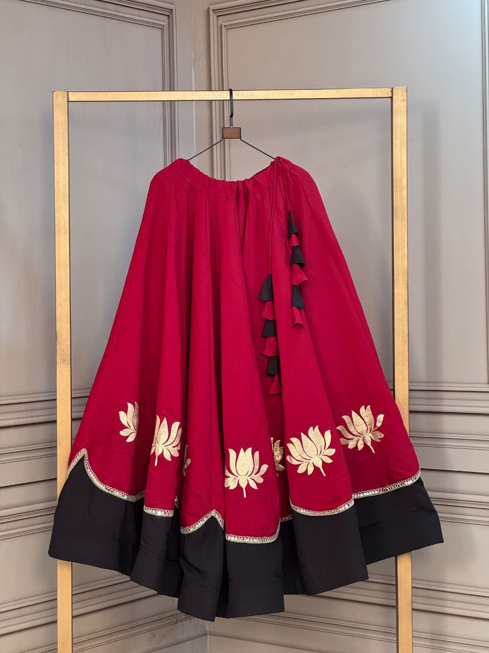 Premium Roman Fabric Navratri Lehenga with Lotus Gota & Mirror Lace Work | ByRavina-7172