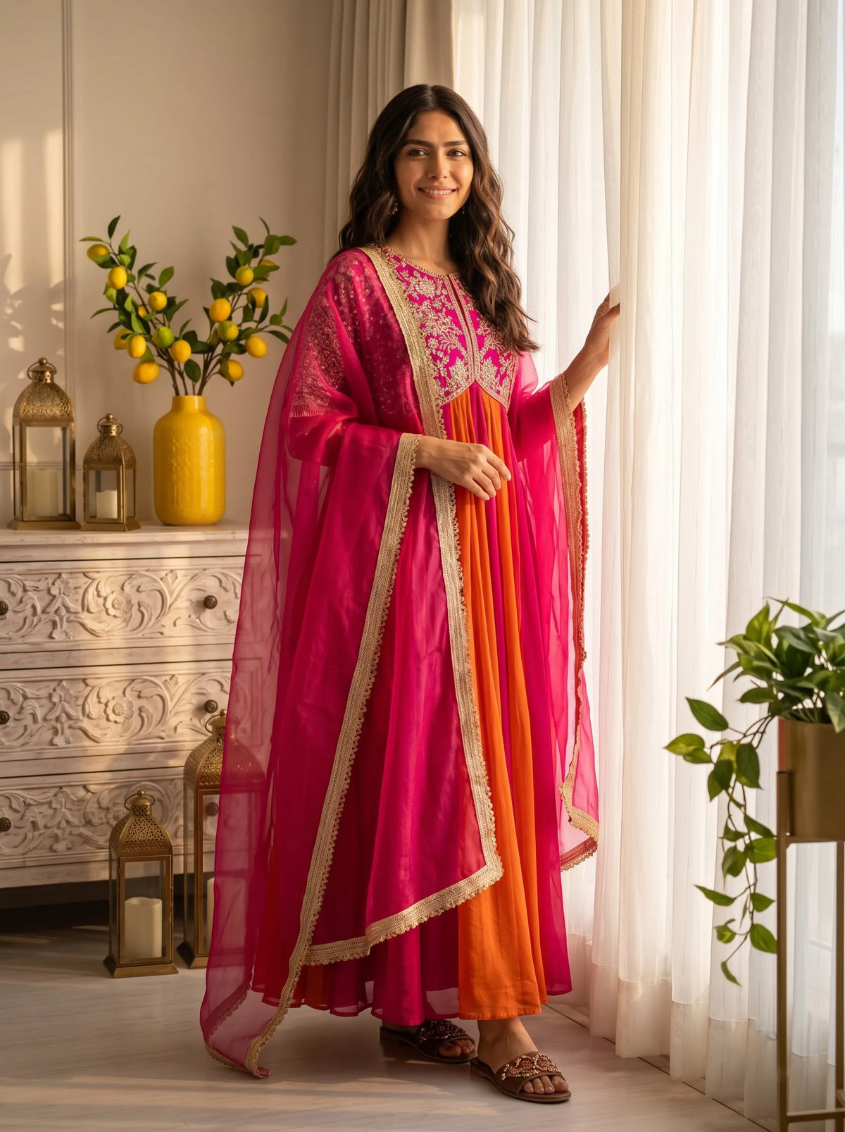 Premium NC Moss Silk Gown with Embroidery, Beads & Tassel Sleeves