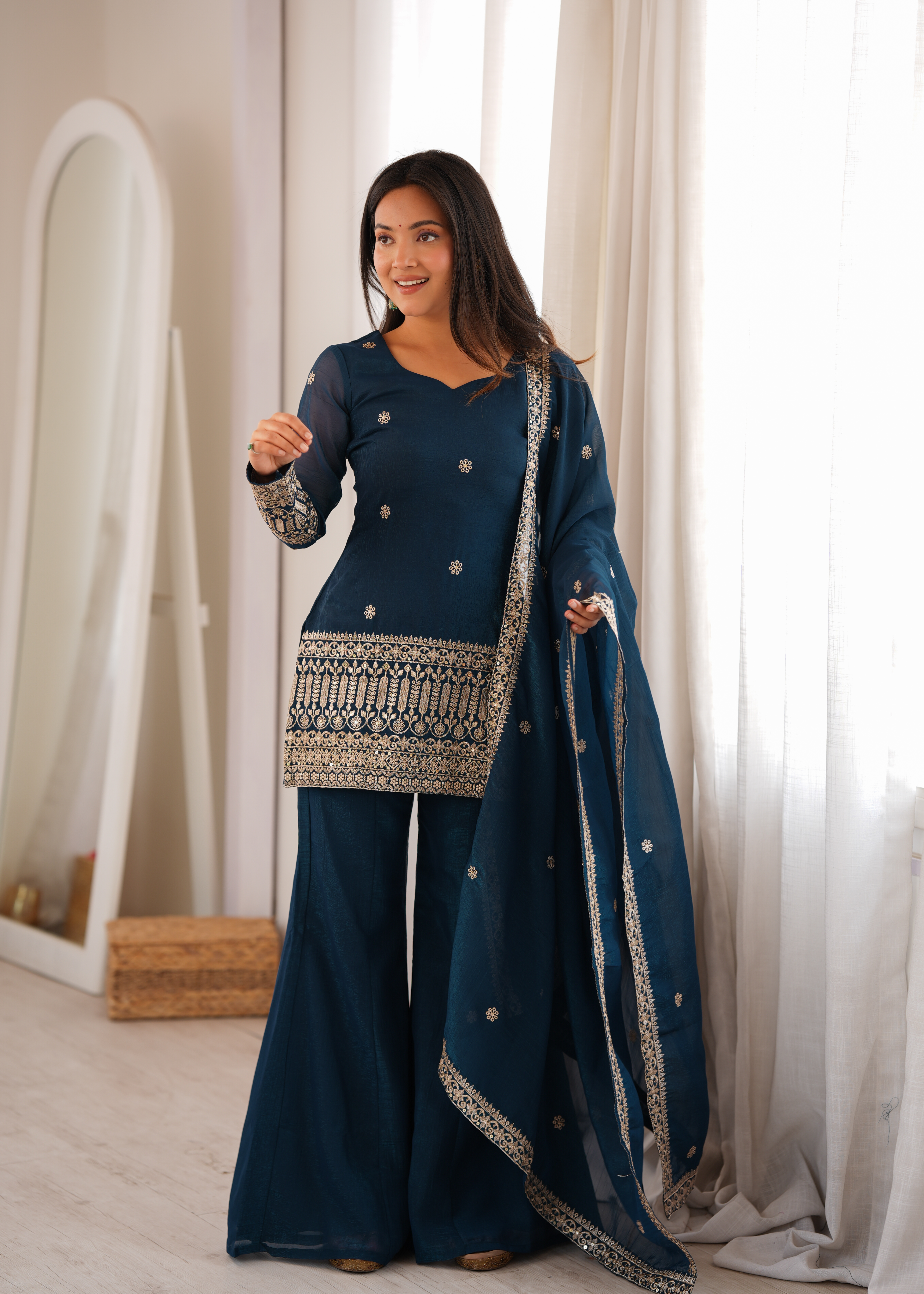 Premium Crunchy Silk Embroidered Bell Bottom Set
