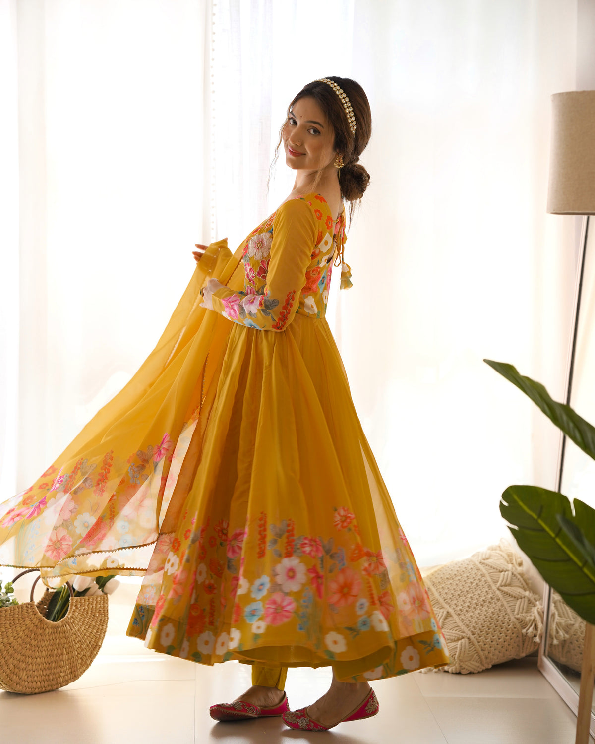 Premium Organza Silk Printed Anarkali Suit Set with Badla Jari & Gota Patti Work