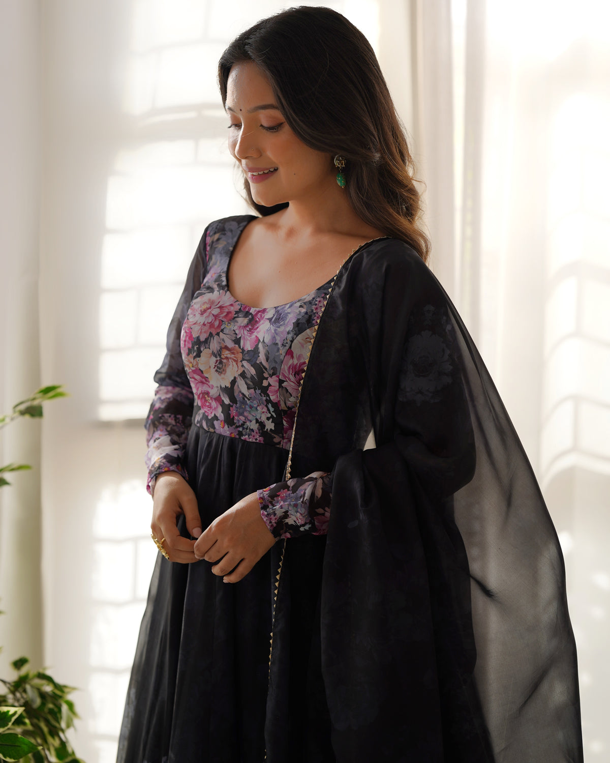 Premium Organza Silk Printed Anarkali Gown with Kali Flare, Canvas Patta & Gota Patti Dupatta