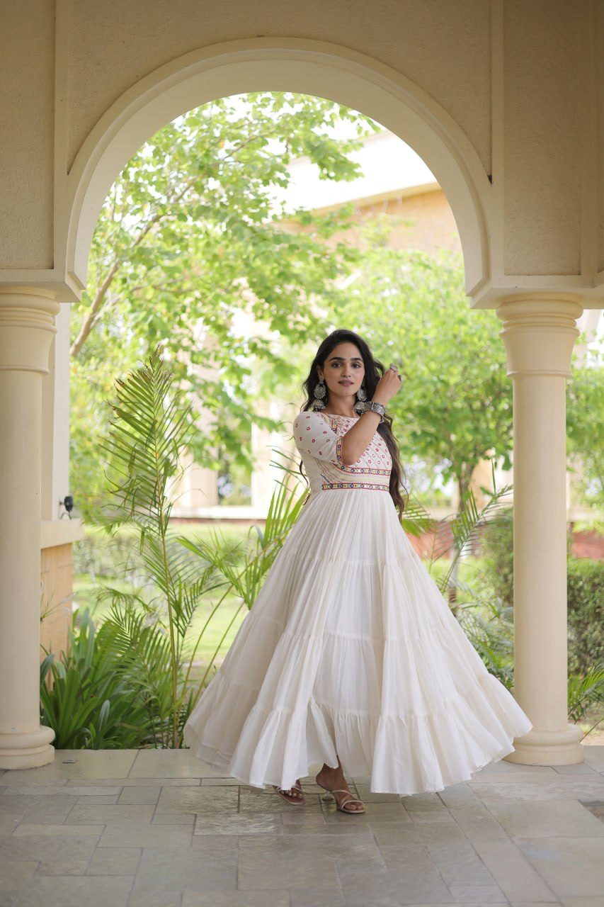 Premium Kora Cotton Embroidered Navratri Gown with Gota Patti & Mirror Work | ByRavina