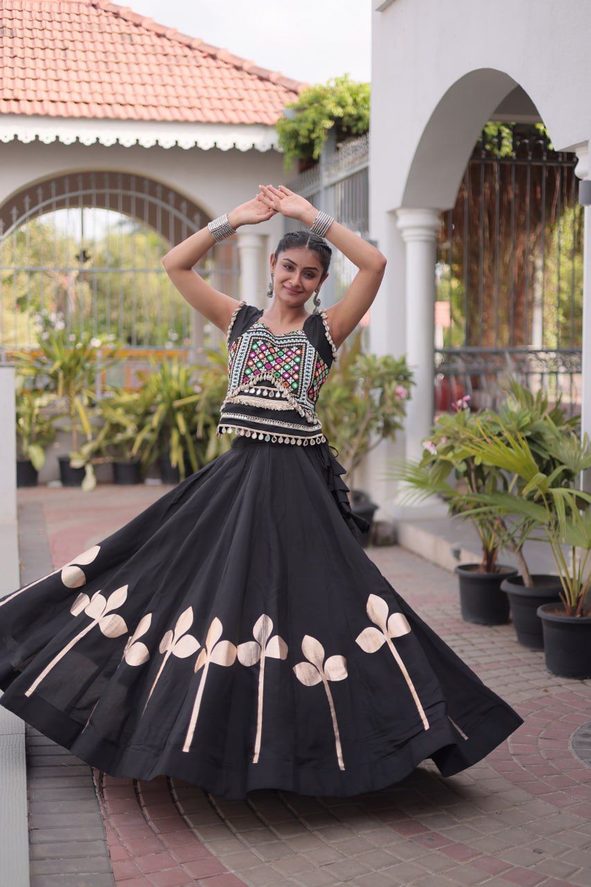 Premium Roman Silk Navratri Lehenga Choli with Pan-Patti Gota & Mirror Lace Work