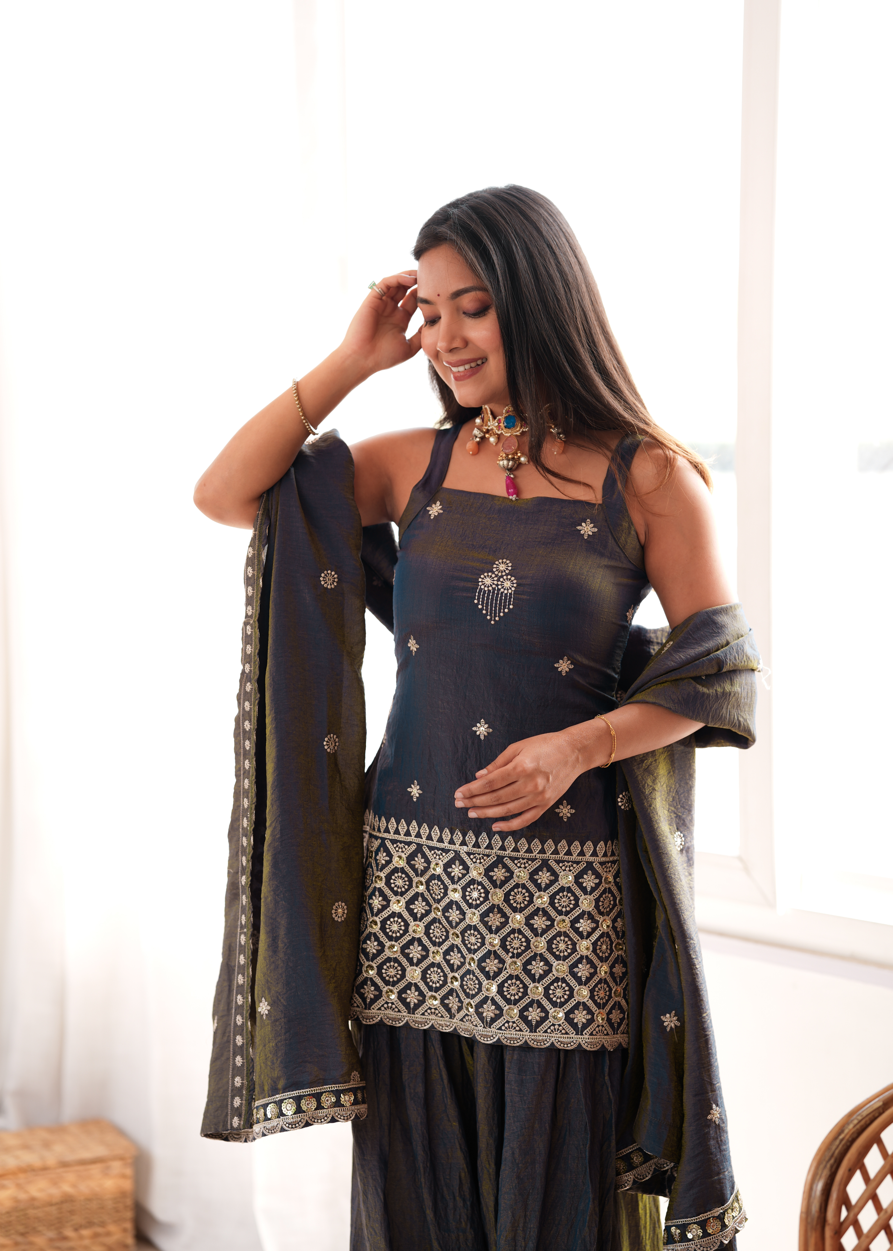 Premium NC Vichitra Silk Embroidered Farshi Shalwar Set