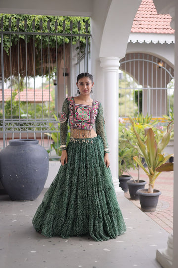 Premium Faux Georgette Bandhani Print Navratri Lehenga Choli with Kutchi Patchwork